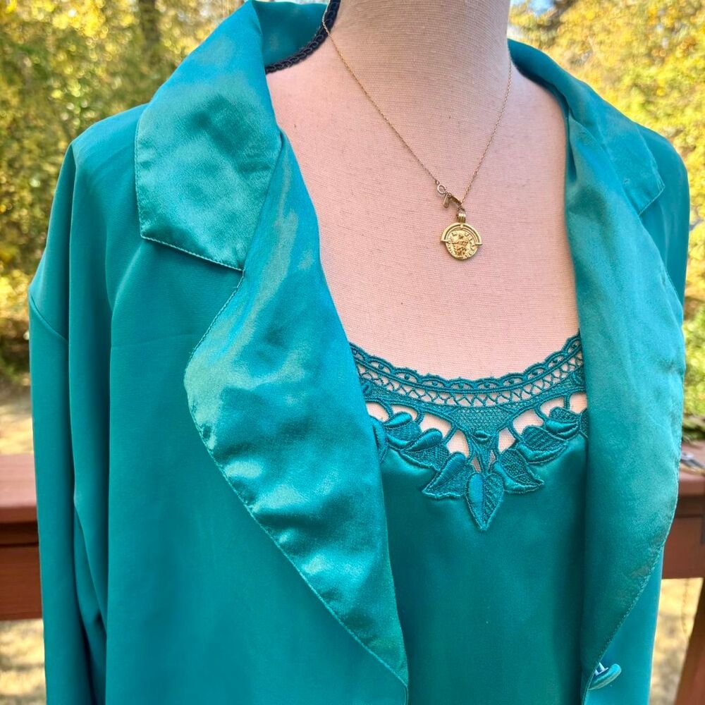 Vintage 1980s Victoria’s Secret Gold Label Teal Robe & Slip Dress Set Size M